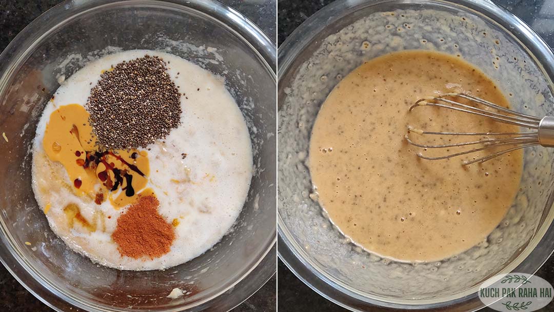 Mixing mashed bananas, peanut butter, milk and chia seeds.