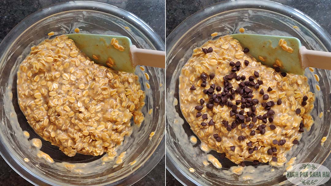 Mixing rolled oats with wet ingredients.