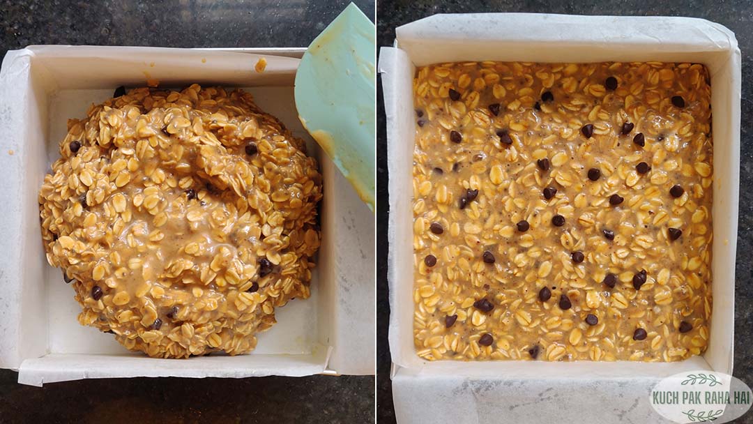 Transferring oatmeal mixture in baking tin.