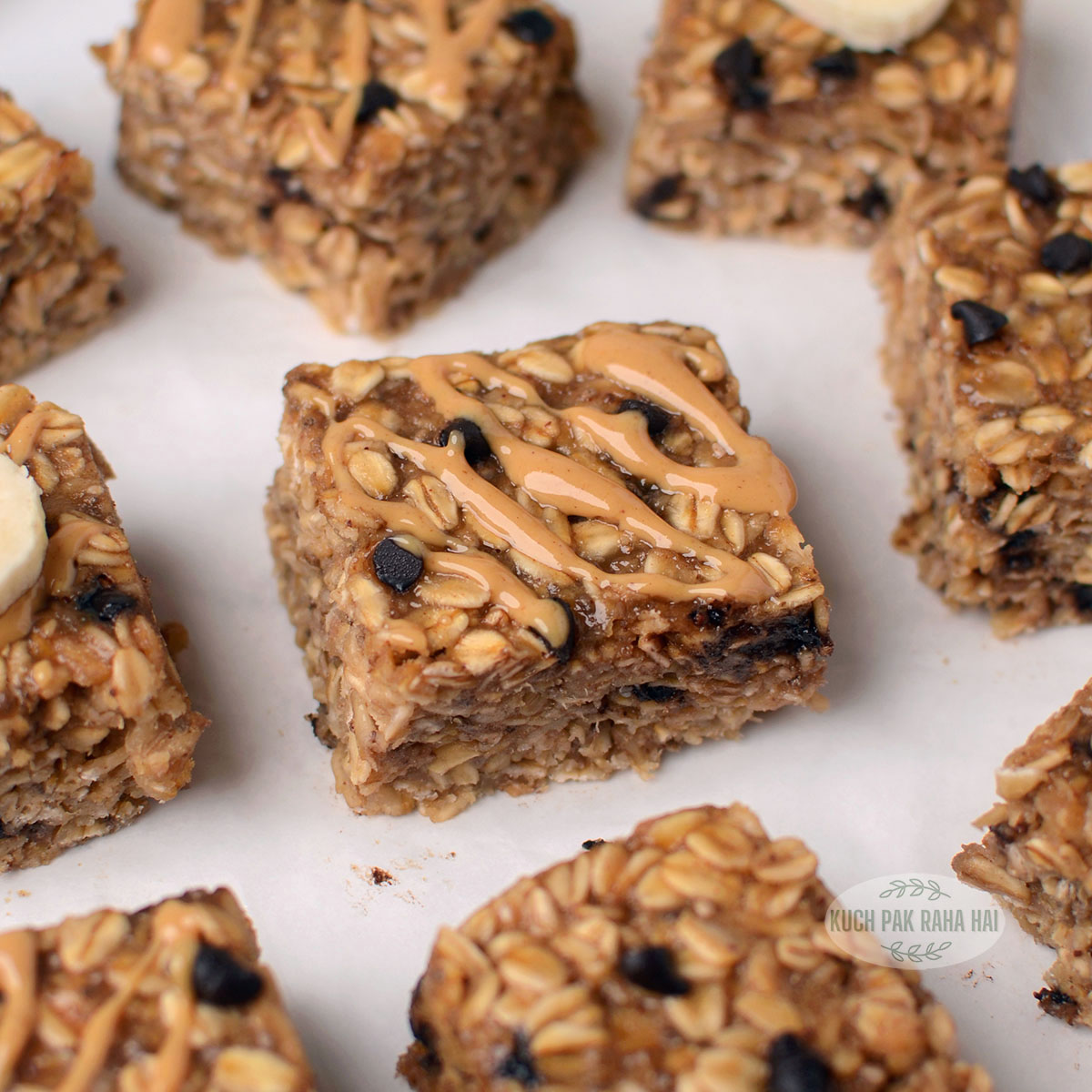 Peanut butter oatmeal banana bars for breakfast.