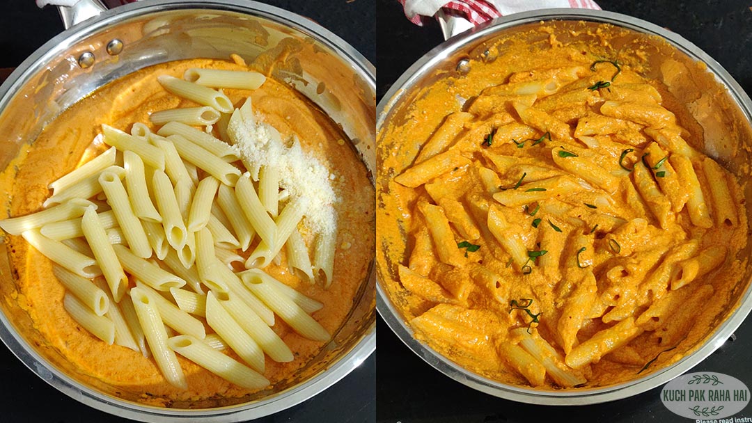 Mixing boiled pasta with cottage cheese sauce.