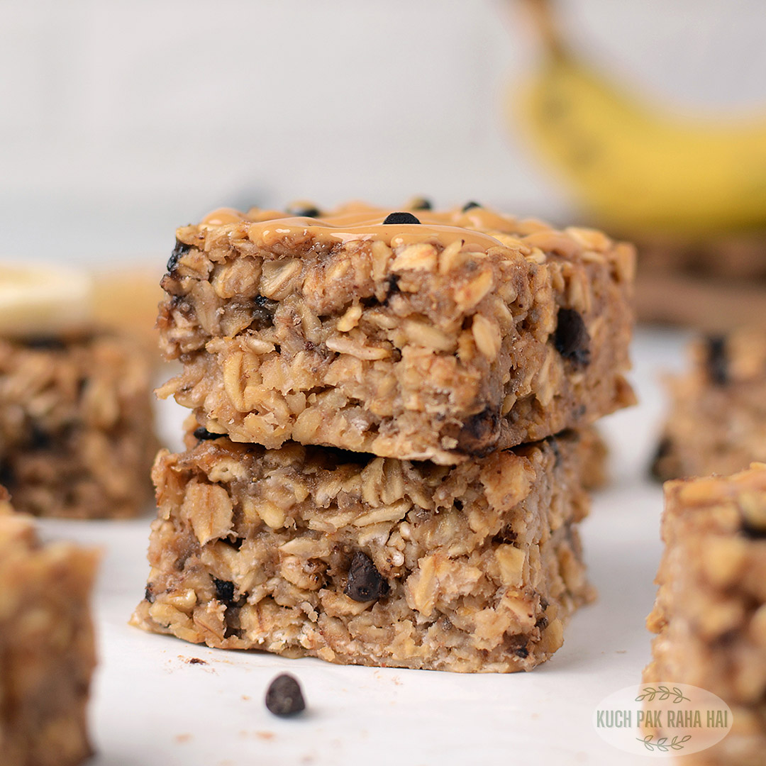 Vegan oatmeal breakfast bars with cinnamon and chocolate chips..