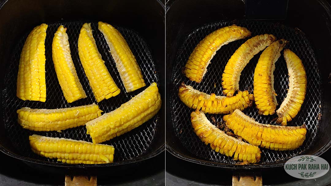 Air frying corn ribs.