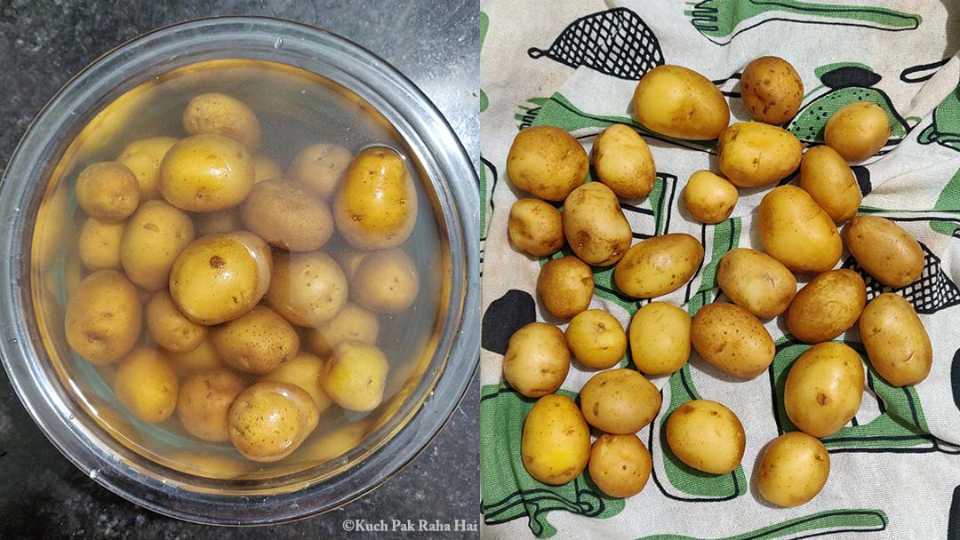 Washing scrubbing the potatoes.