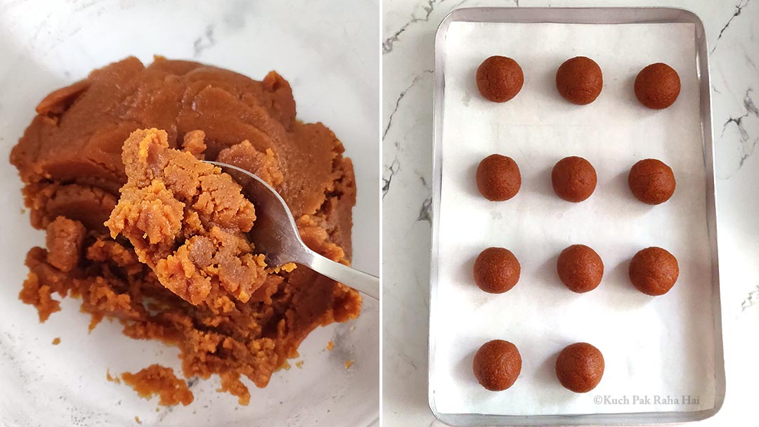 Dividing truffles mixture into small portions and rolling into smooth balls.