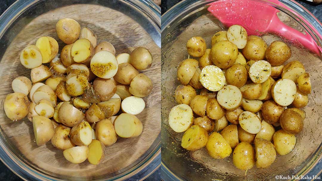 Adding oil spices to chopped potatoes.