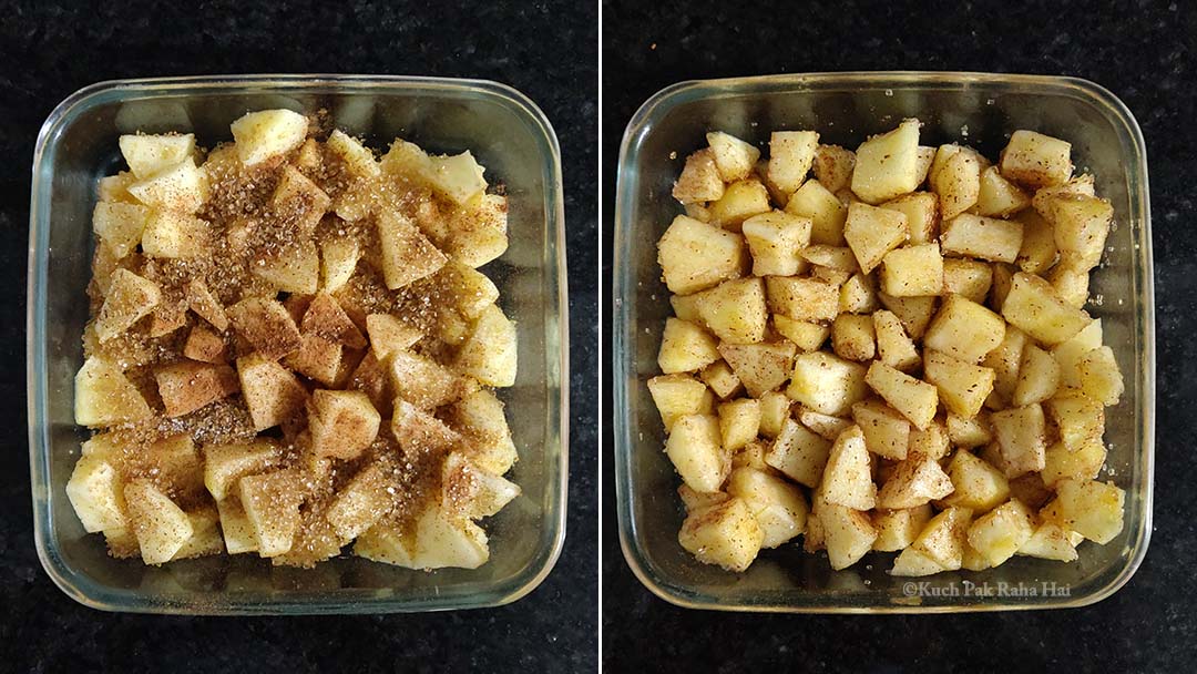 Mixing apples cinnamon sugar and lemon juice.