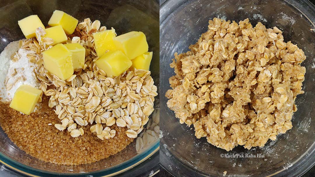 Mixing oats flour butter and sugar.