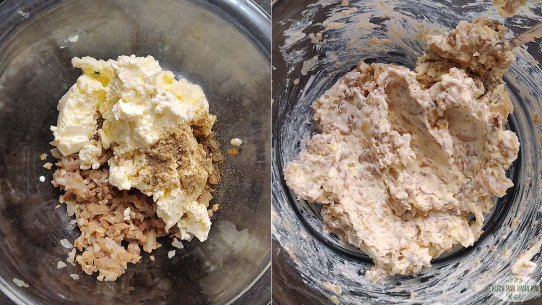 Preparing cream cheese stuffing for filling in mushrooms.