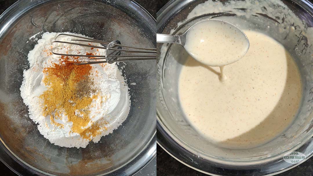 Preparing flour batter to dip onion rings.