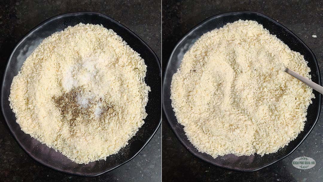 Adding seasoning to panko breadcrumbs.