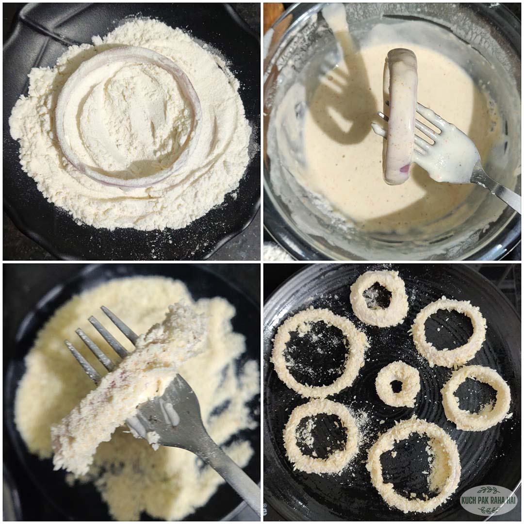 Dipping onion rings in dry flour, batter and breadcrumbs.
