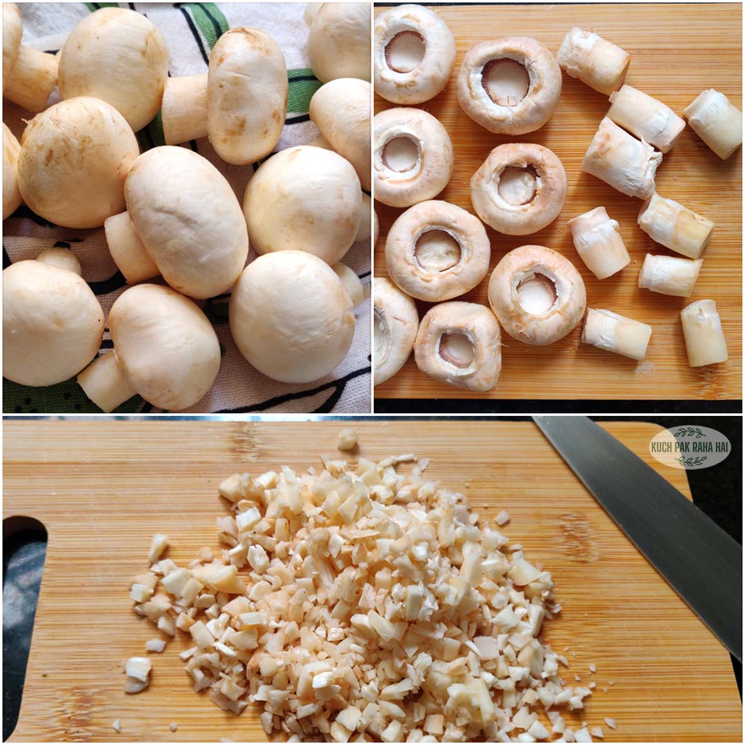 Removing and chopping mushroom stems.