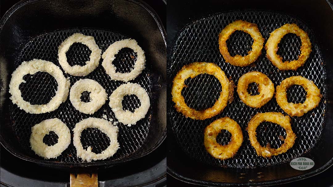 Air frying onion rings.