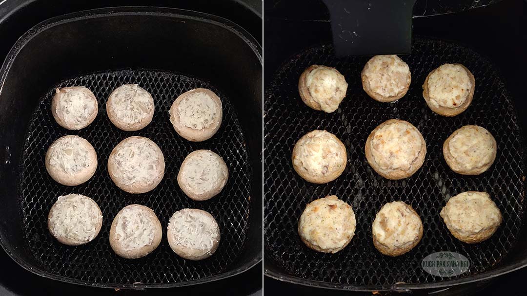 Air frying stuffed mushrooms.