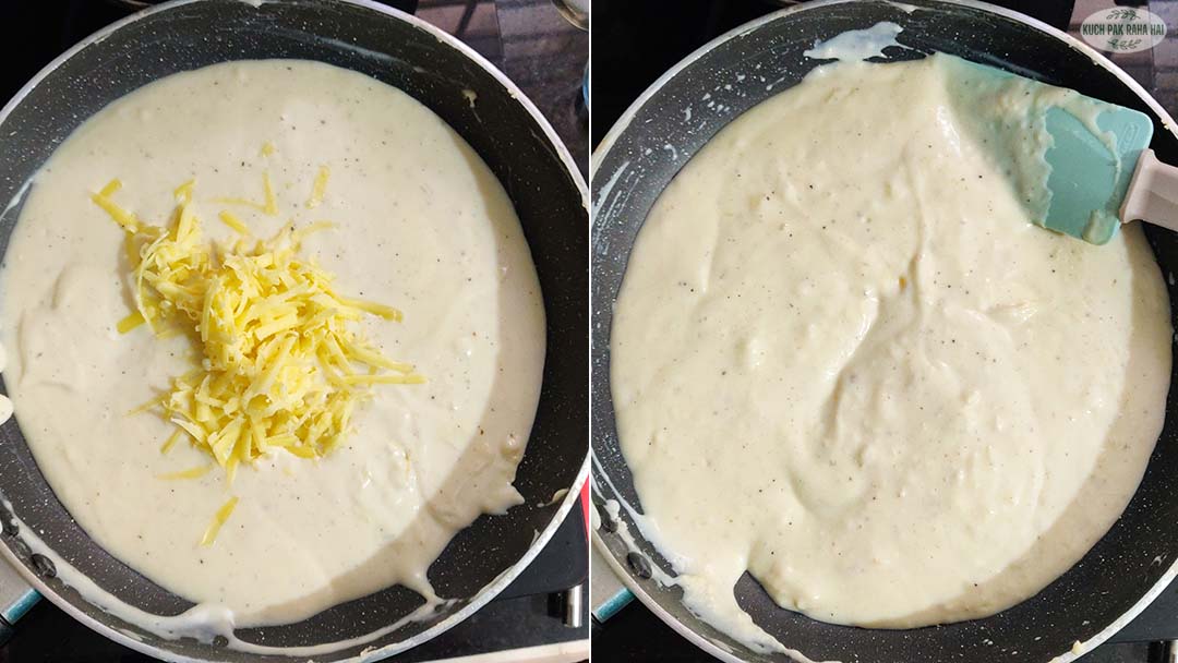 Adding cheddar cheese to white sauce.