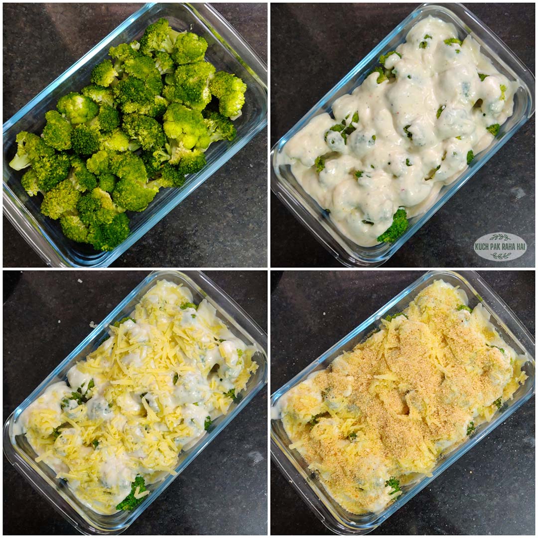 Assembling layers of broccoli gratin in baking dish.