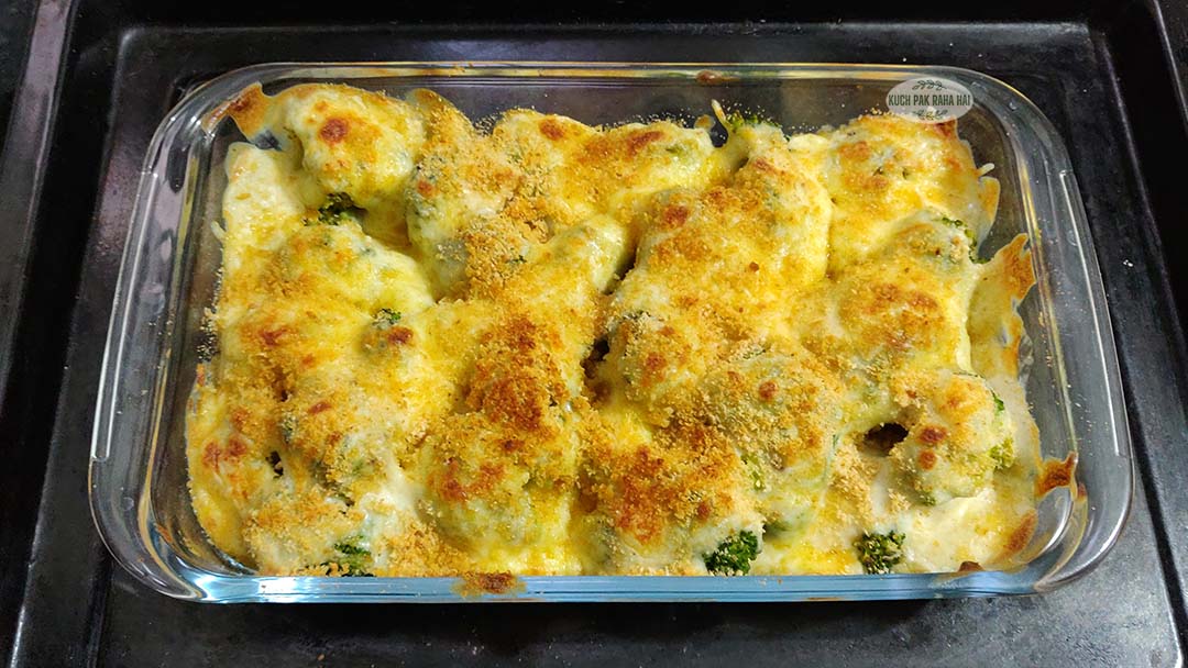 Baked broccoli gratin straight out from oven.