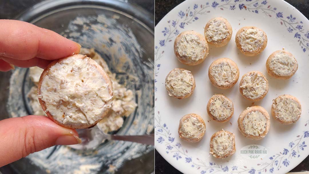 Stuffing cream cheese filling in mushrooms.