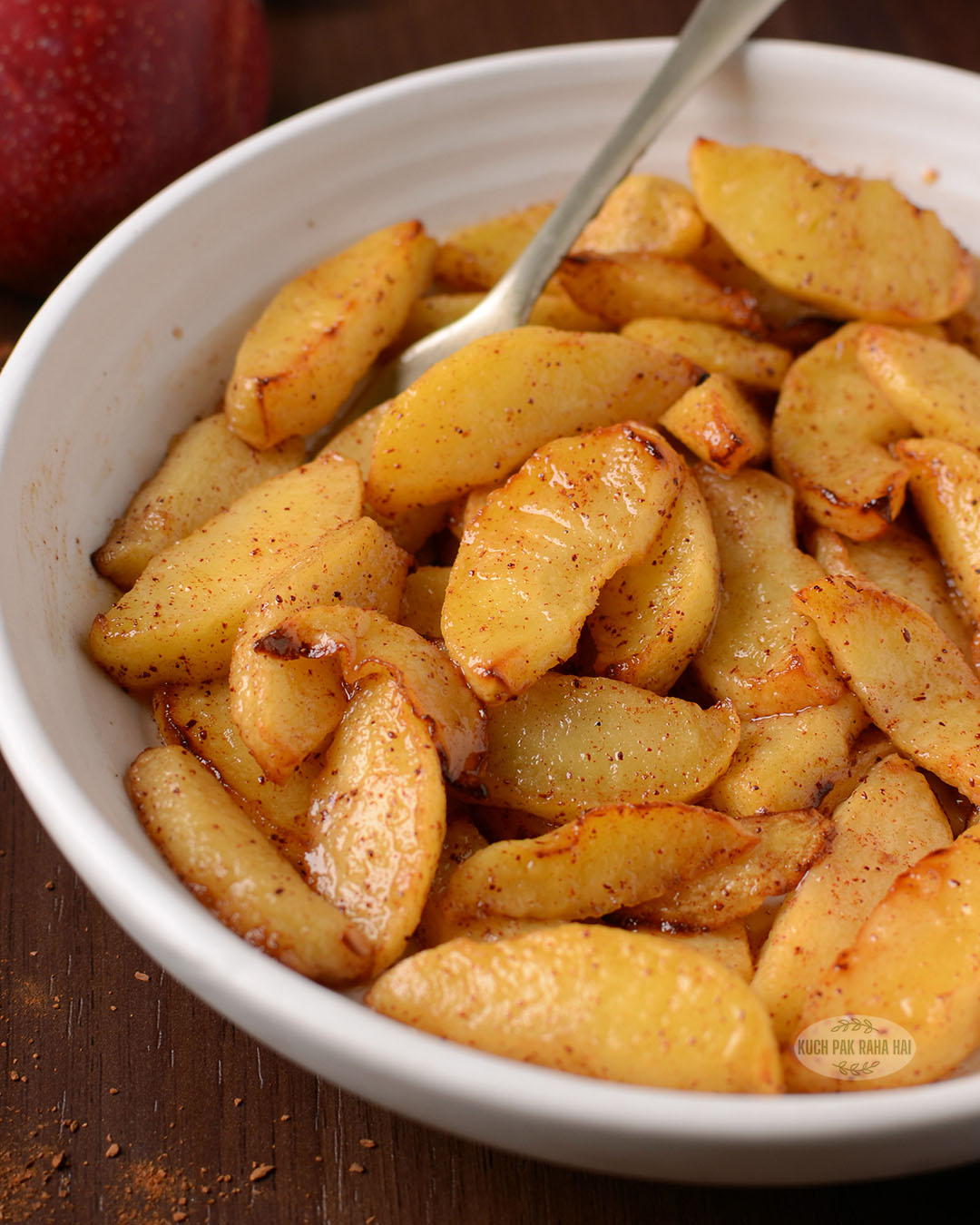 Air fried apples served in a white bowl.