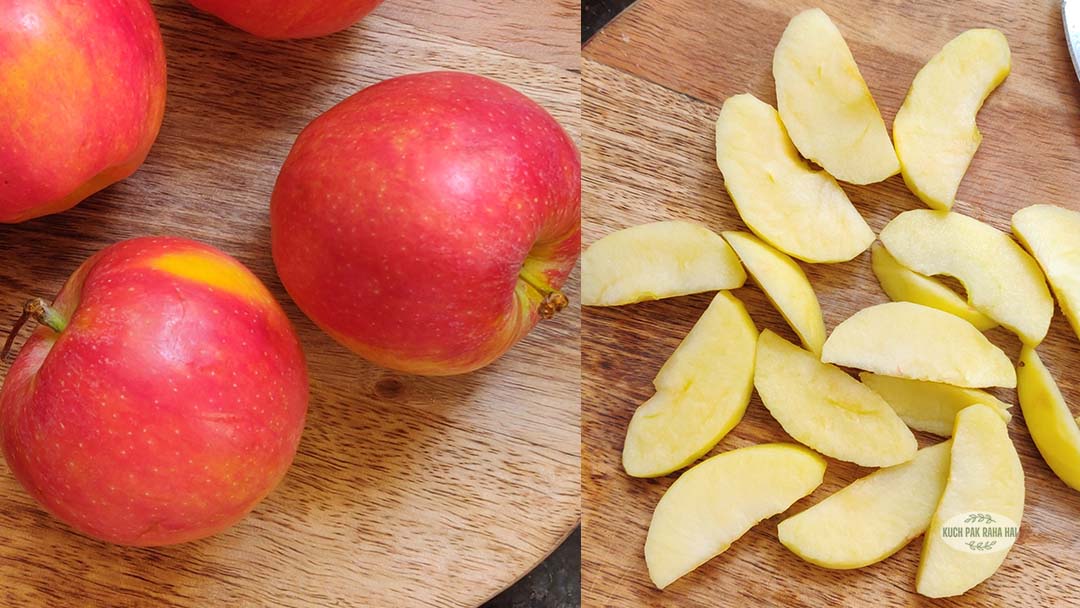 Peeling & slicing apples on chopping board.