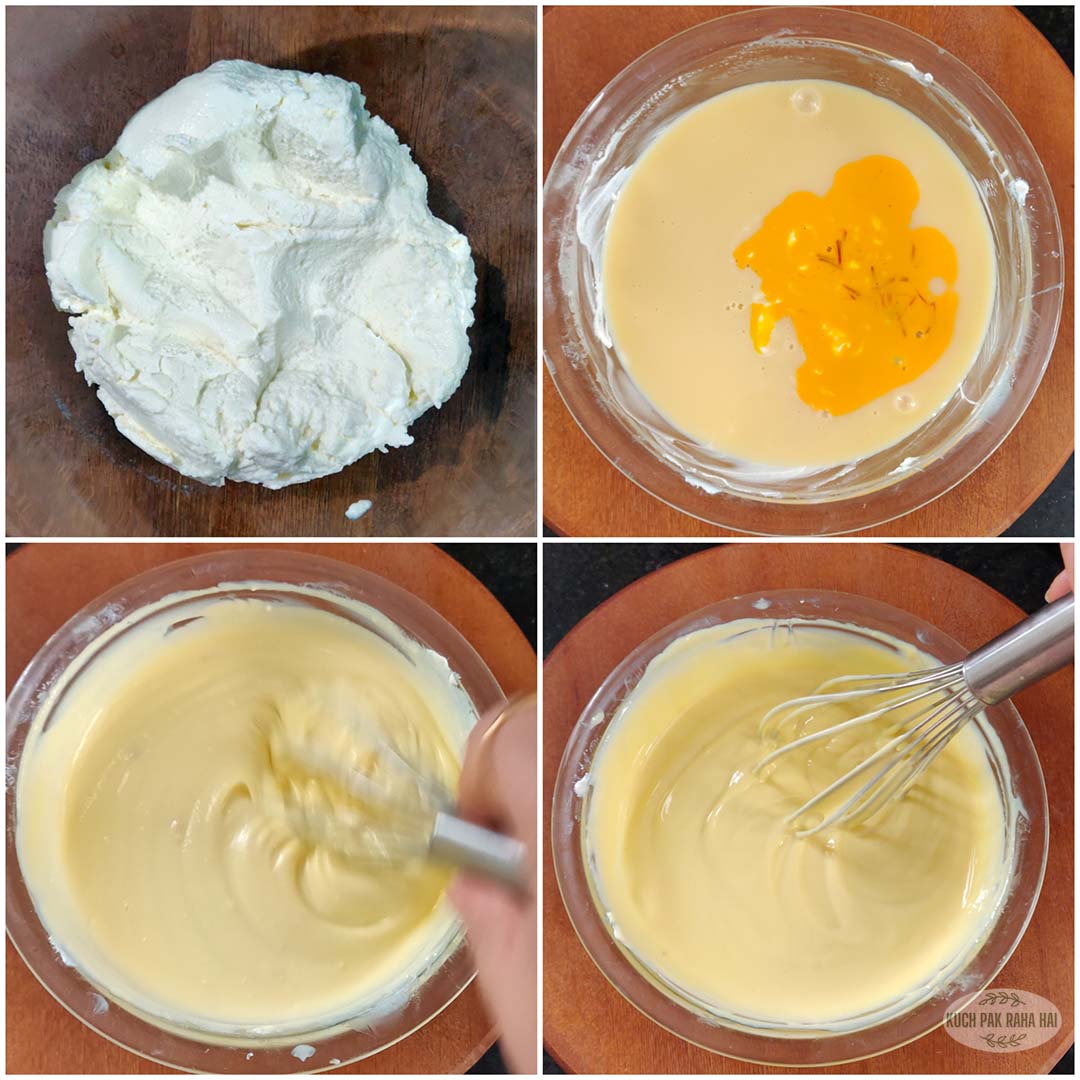 Preparing saffron baked yogurt mixture.