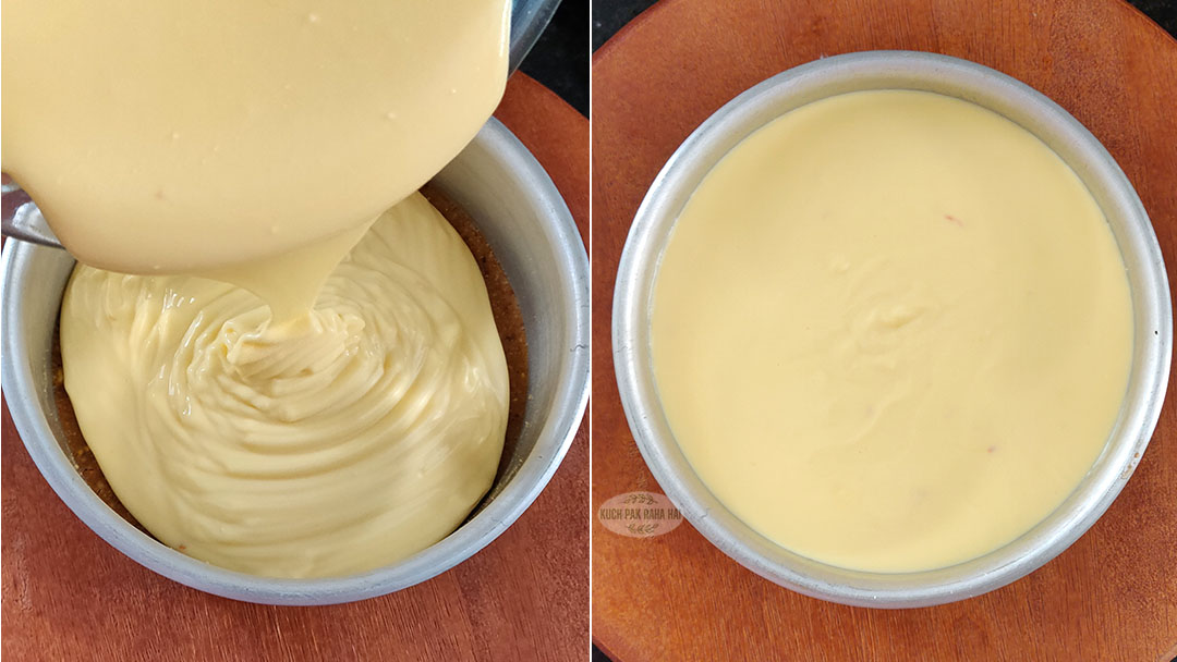 Pouring yogurt mixture on pistachio crust.