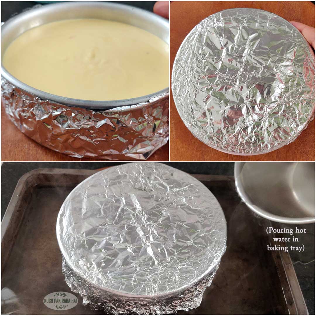 Preparing bain marie for baking yogurt in oven.