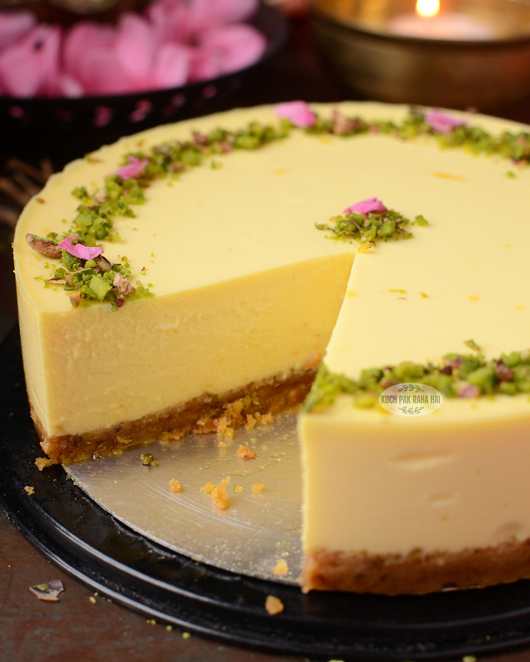 Indian baked yogurt with pistachio crust.