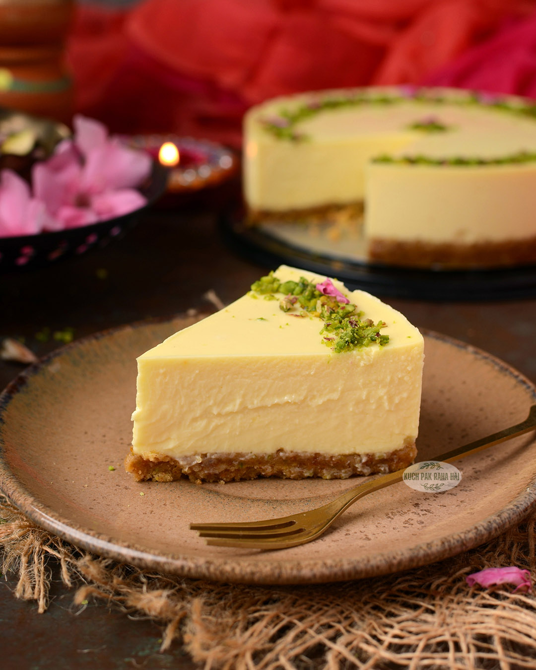 Baked yogurt with pistachio crust.