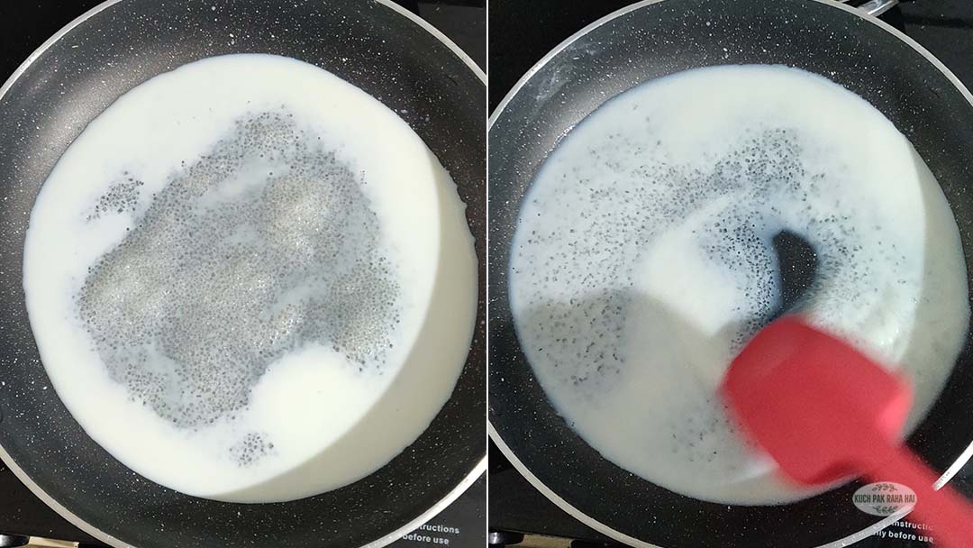 Mixing milk and sugar in a pan.