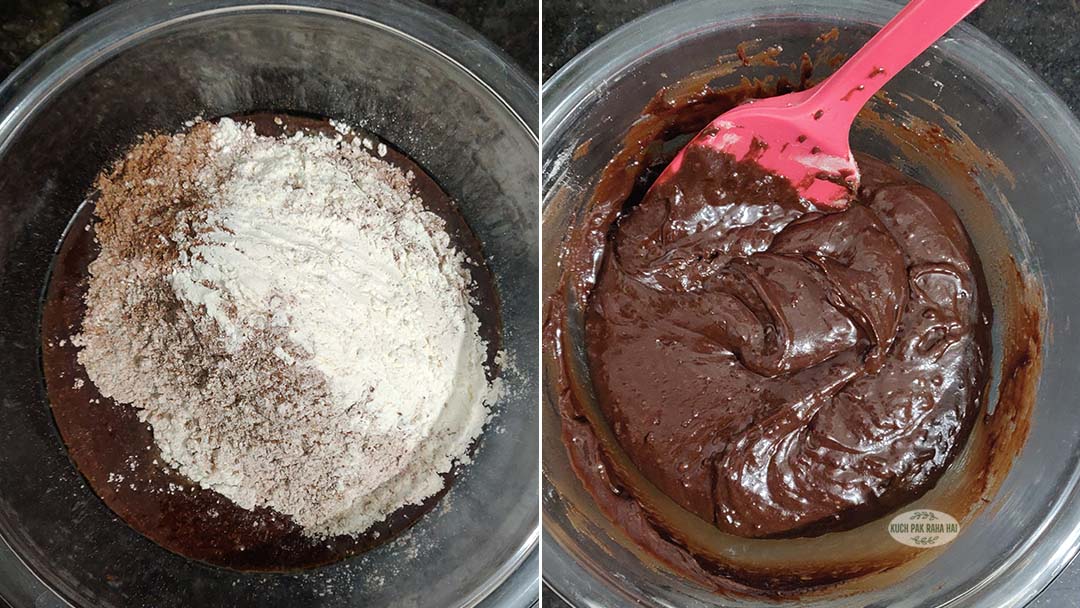 Mixing wet & dry ingredients to make brownie batter.