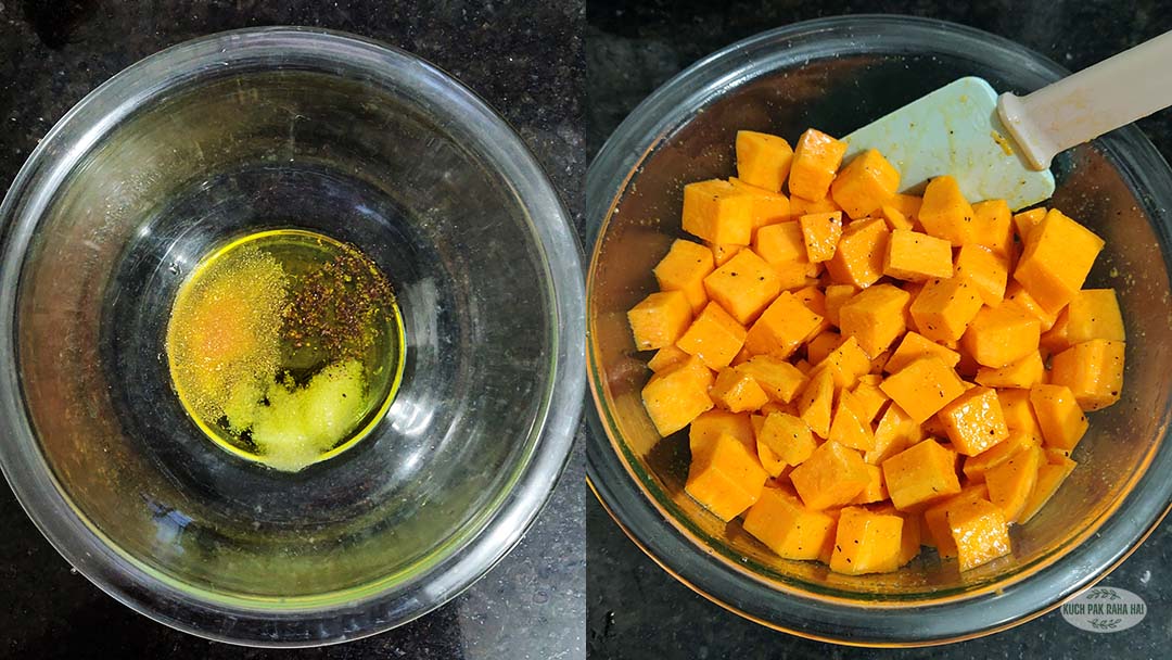 Tossing sweet potatoes in oil and seasoning.