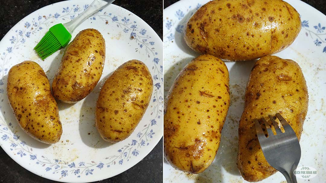 Pricking whole potatoes with fork.