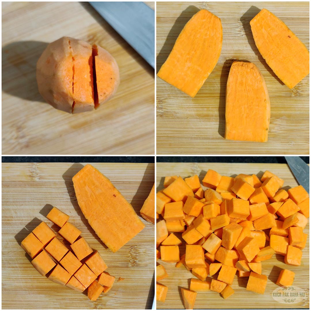How to cut sweet potatoes into cubes.