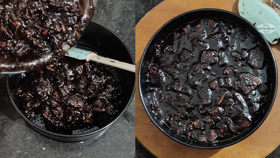 Transferring biscuit cake mixture to cake tin mould.