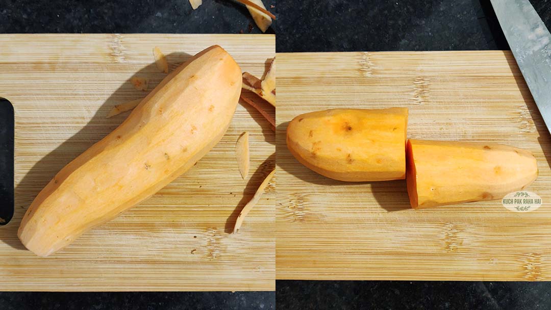 Peeling and cutting sweet potato in half.