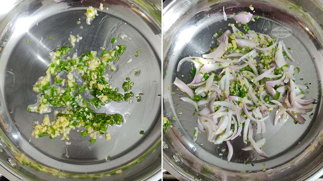 Sautéing ginger garlic onions in a pan.