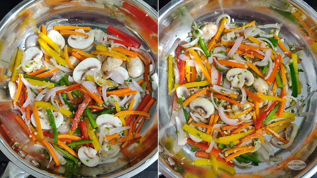 Sauteeing carrots mushrooms bell peppers.