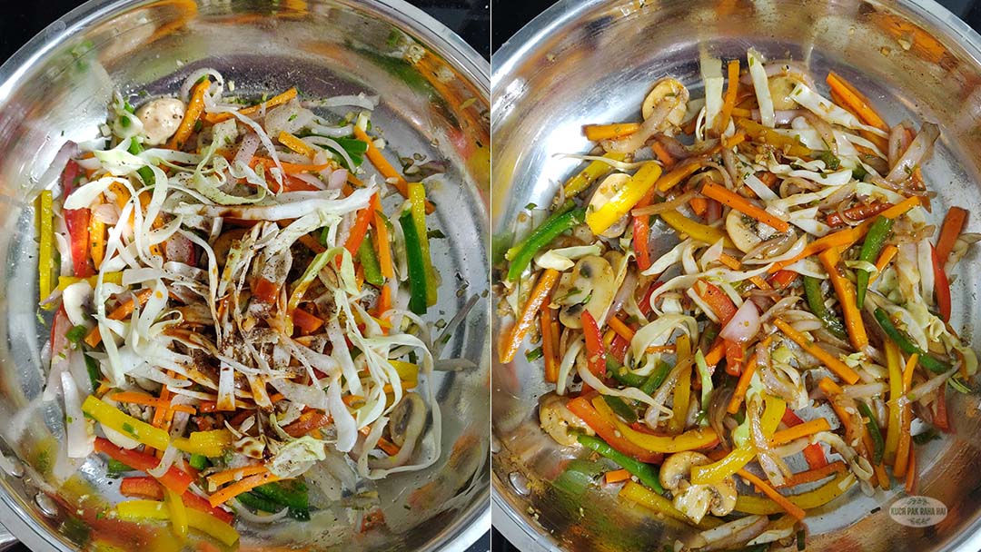 Sautéing veggies with sauces and seasoning.