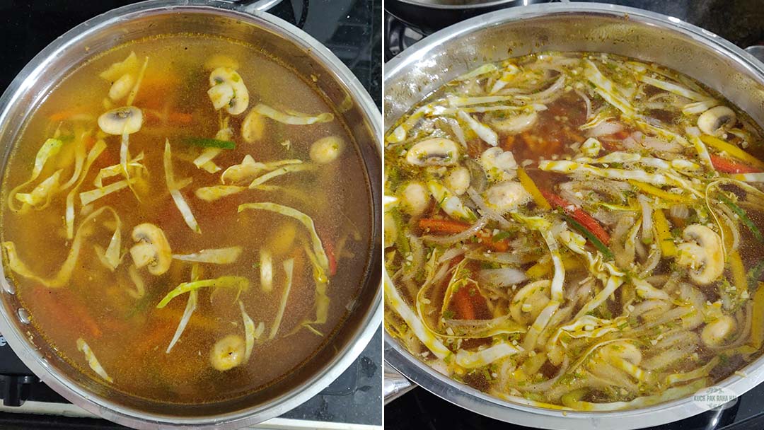 Adding vegetable stock to stir fried vegetables.