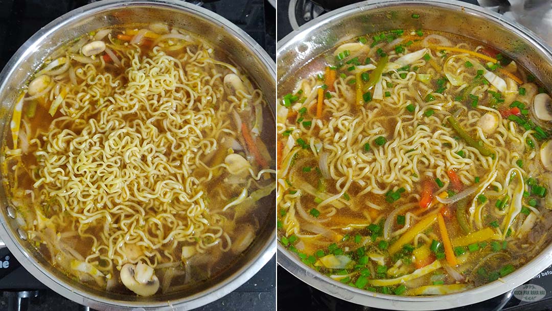 Adding noodles and spring onion greens to the soup.