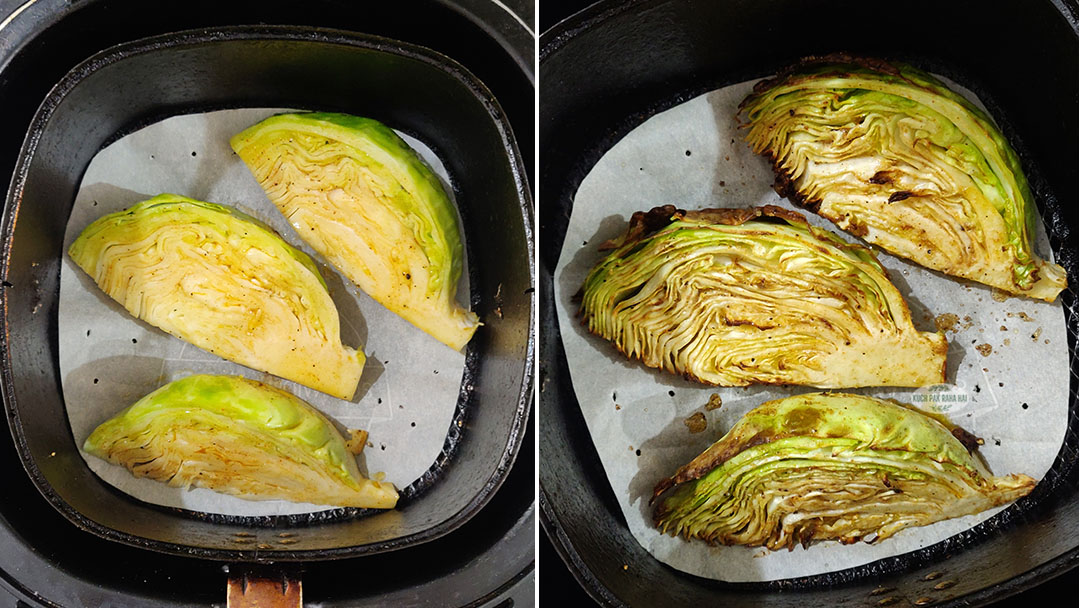 Air frying cabbage wedges.