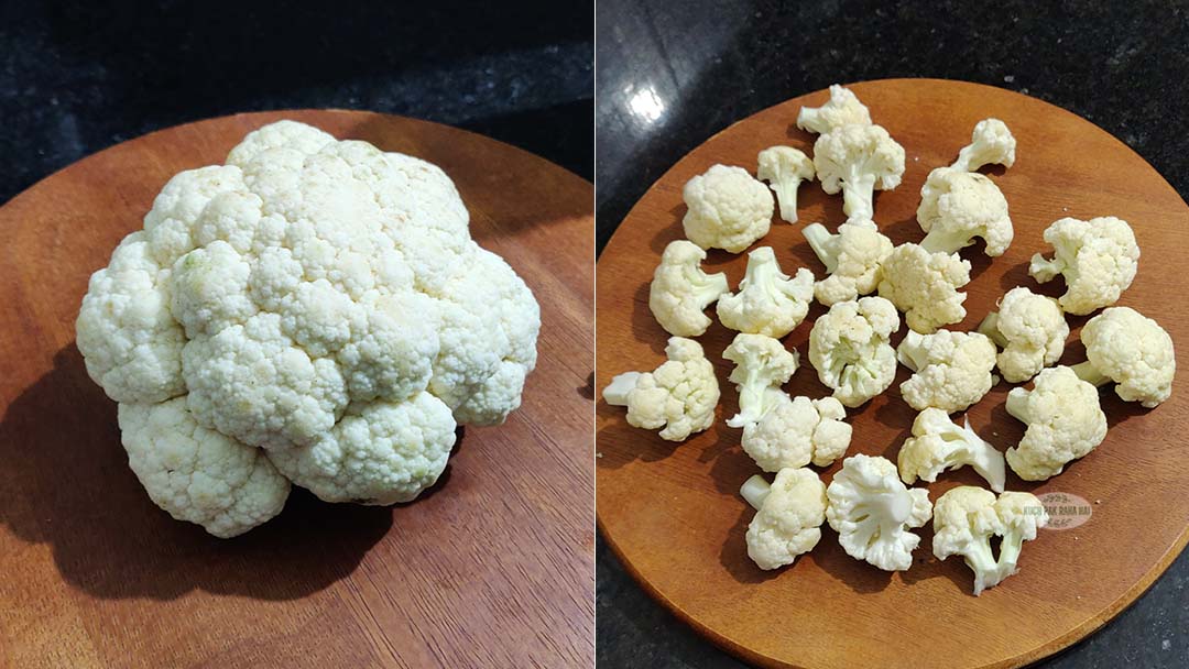 Cutting cauliflower in bite size pieces.
