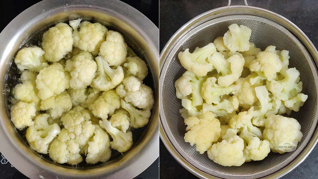 Boiling cauliflower florets.