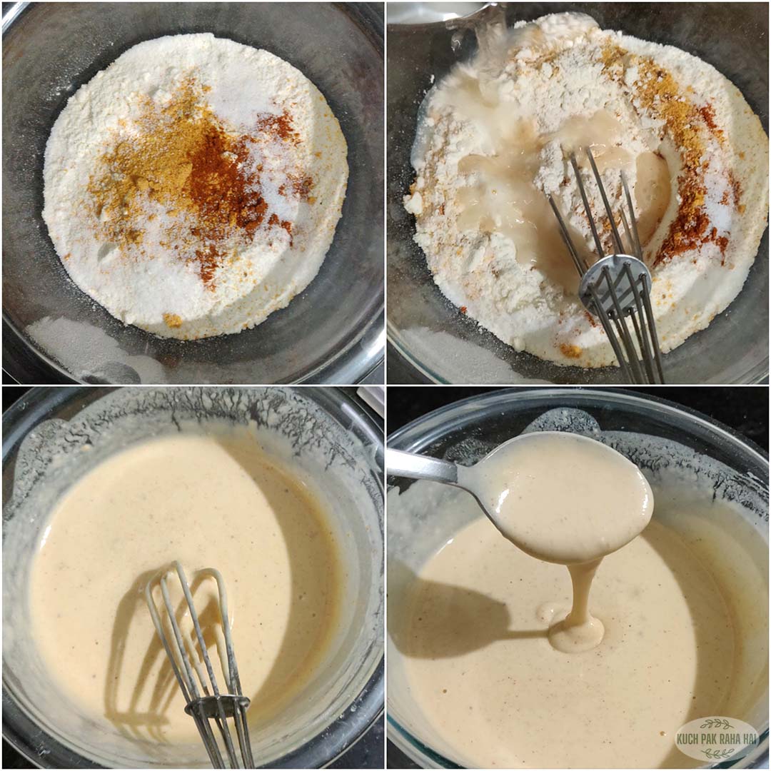 Preparing flour batter for dipping cauliflower.