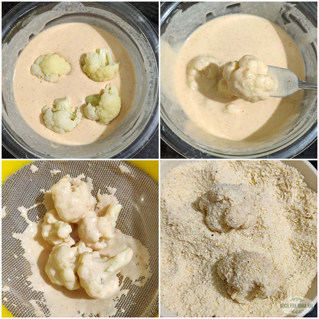 Breading cauliflower before air frying.