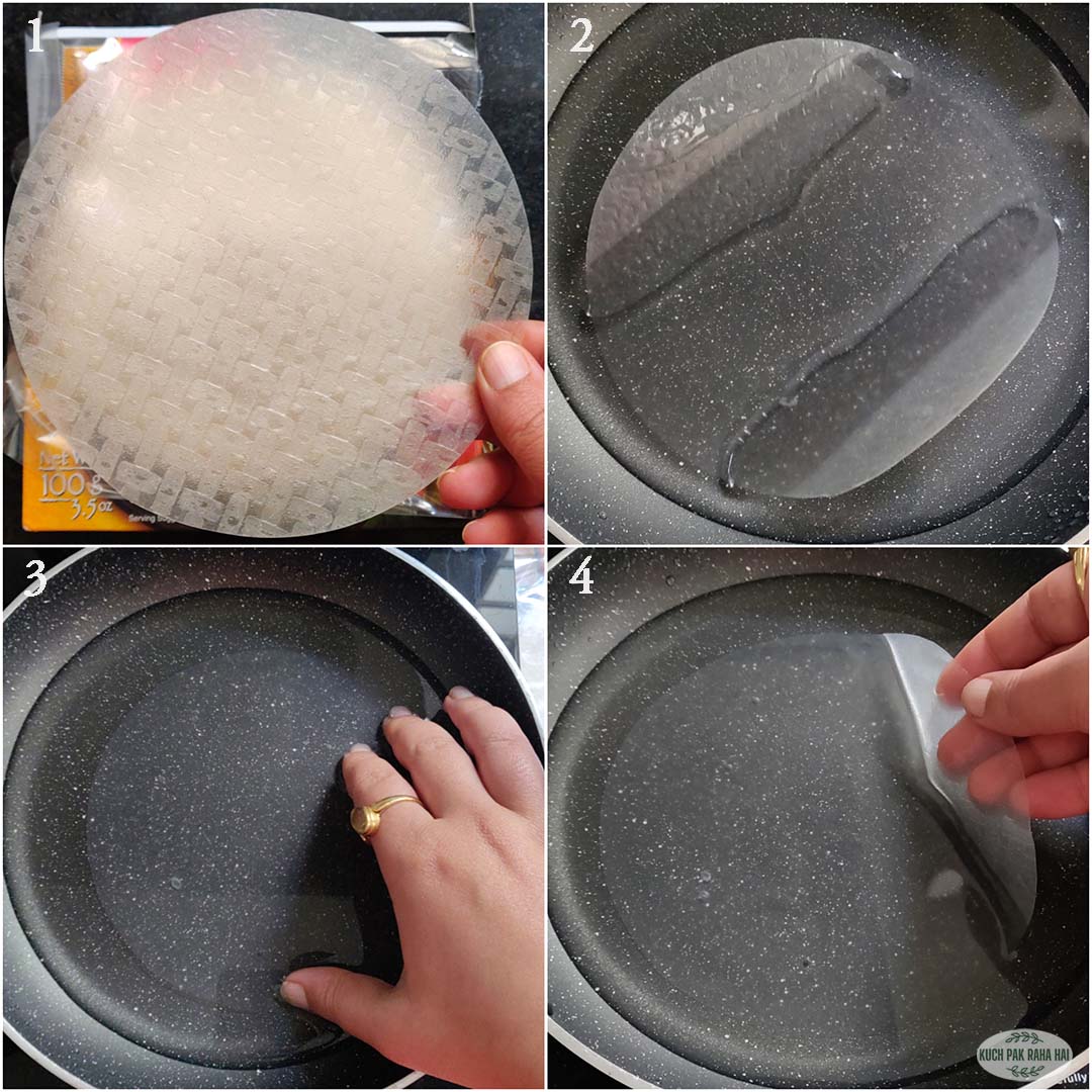 Dipping rice paper sheets in water.