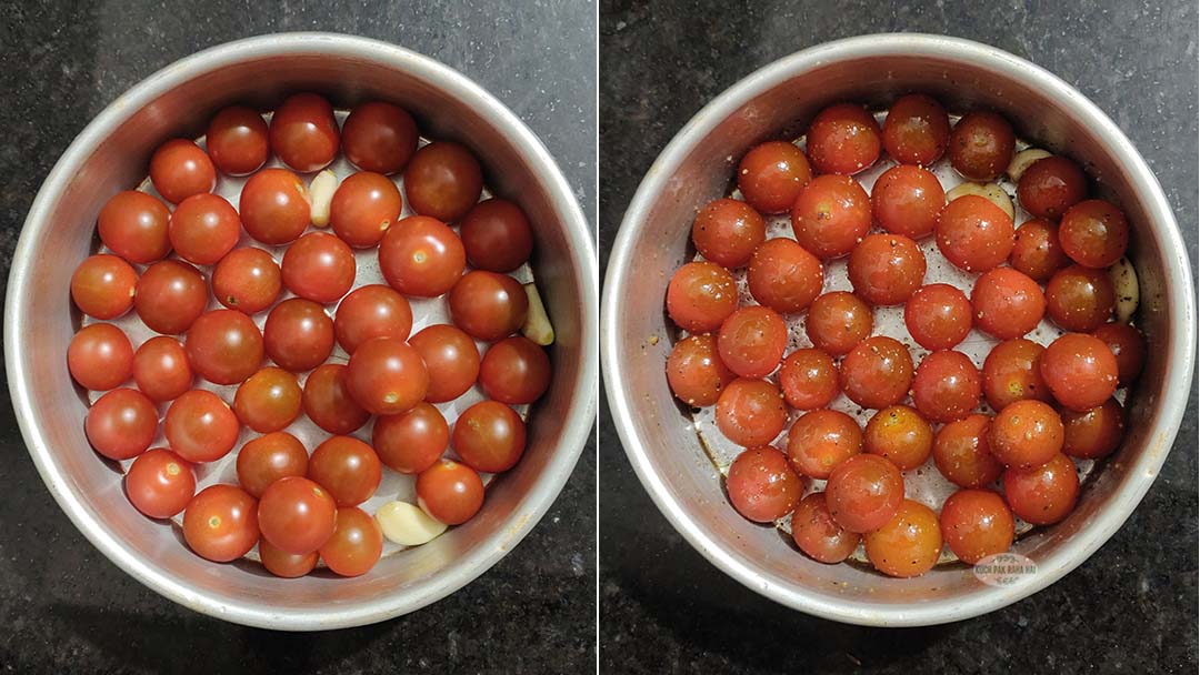 Tossing cherry tomatoes and garlic cloves in olive oil and seasoning.