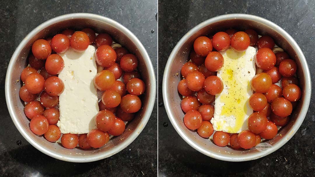 Place feta cheese block with cherry tomatoes.